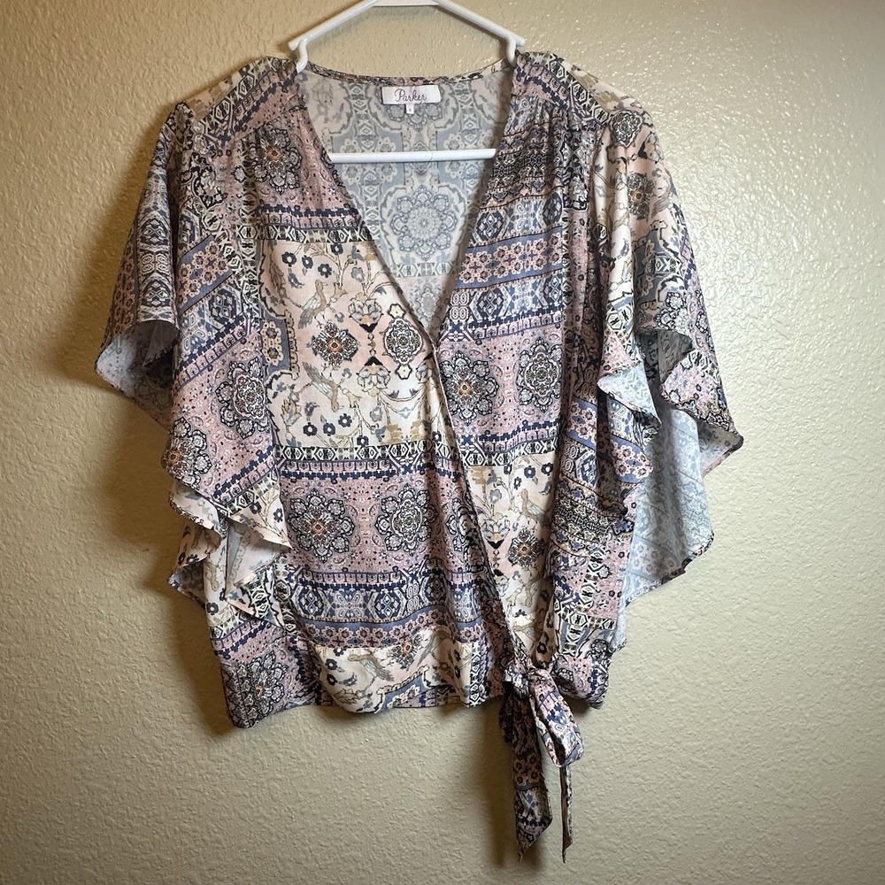 Parker Womens Paisley Bird Print Wrap Top Pink Blue Flutter Sleeve P8G4485PGP S